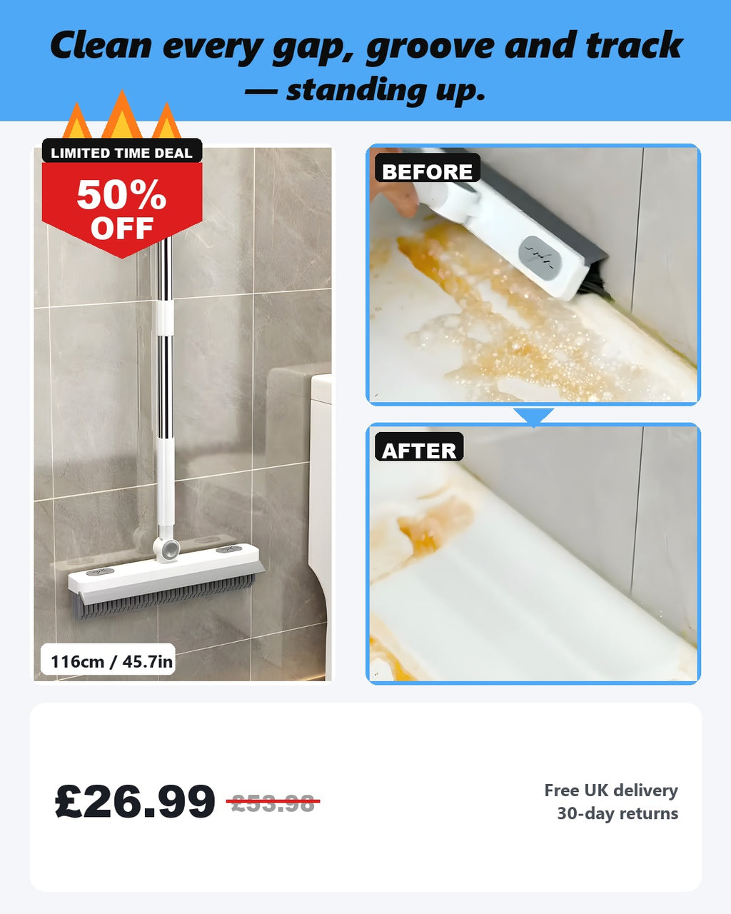 Sweepado™ Stand-Up Crevice Brush & Squeegee — No-Bend Cleaner for Tile Seams, Shower Tracks & Tight Corners