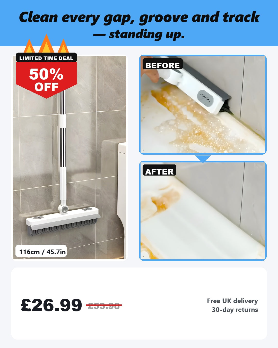 Sweepado™ Stand-Up Crevice Brush & Squeegee — No-Bend Cleaner for Tile Seams, Shower Tracks & Tight Corners